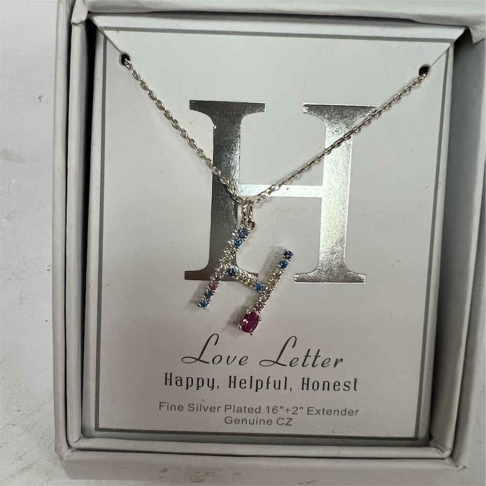 Love Letter Necklace Silver H Initial Pendant CZ Accents 16in + 2in